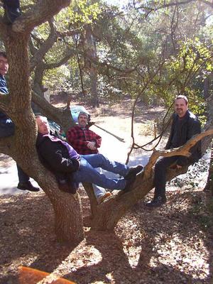 Three retreat guests sitting on a tree